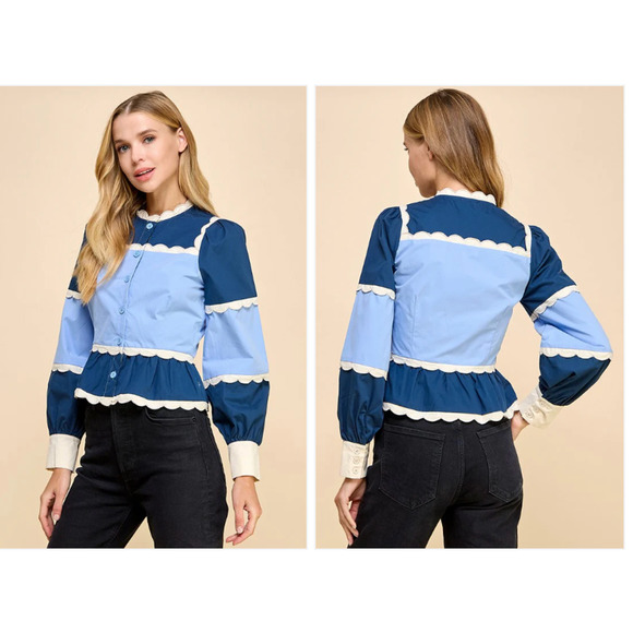 TCEC Tops - New TCEC Peplum Color Block Scalloped lace Sezane Vibe statement top boho Sz-L